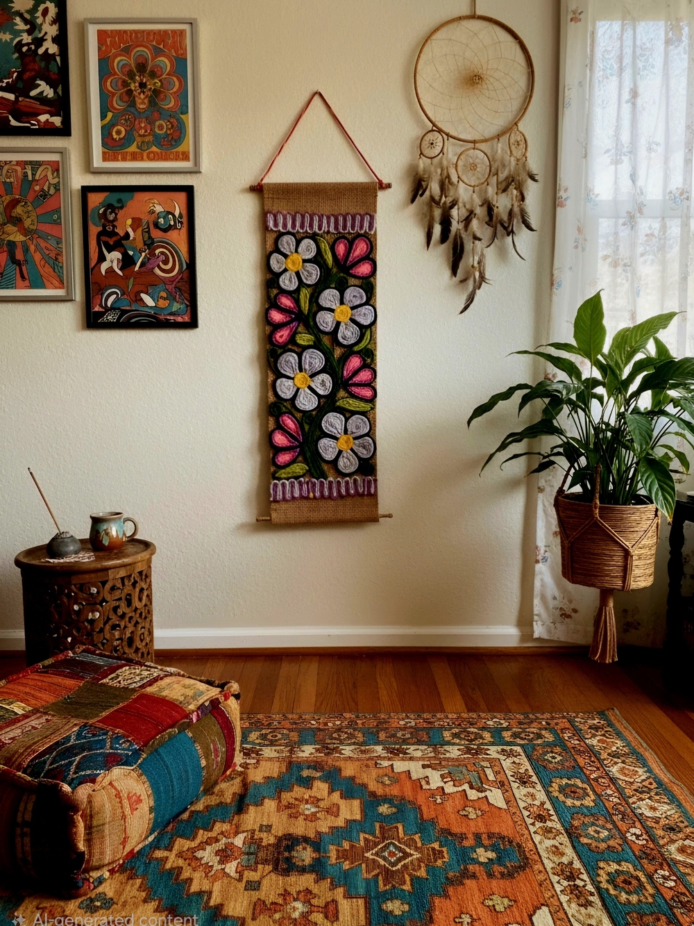 Bohemian  Handmade Vintage 1970's  Burlap & Yarn Wall Art  Hanging Tapestry 38"
